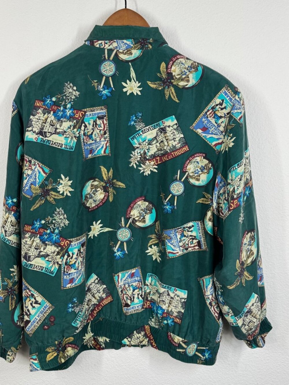 Lavon Womens Silk Bomber Jacket Green Size PM Oversized Postcard Motif - Picture 2 of 12